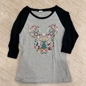 Disney Gray & Black Raglan Tee with Festive Mickey Holiday Graphic
